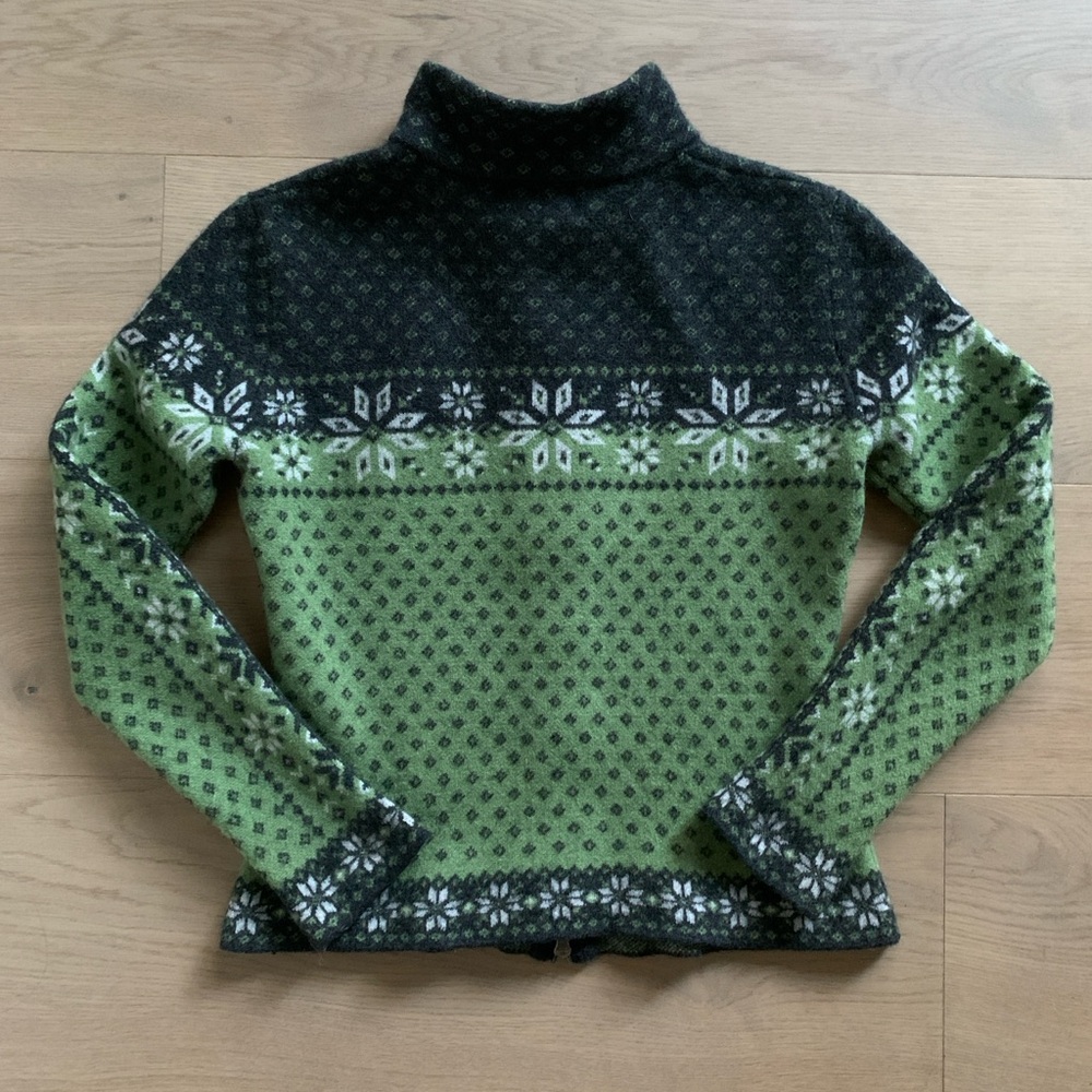 Neve Fair Isle Wool Sweater Womens S Green Black Nordic Knit Double Zip Cardigan - Picture 9 of 13